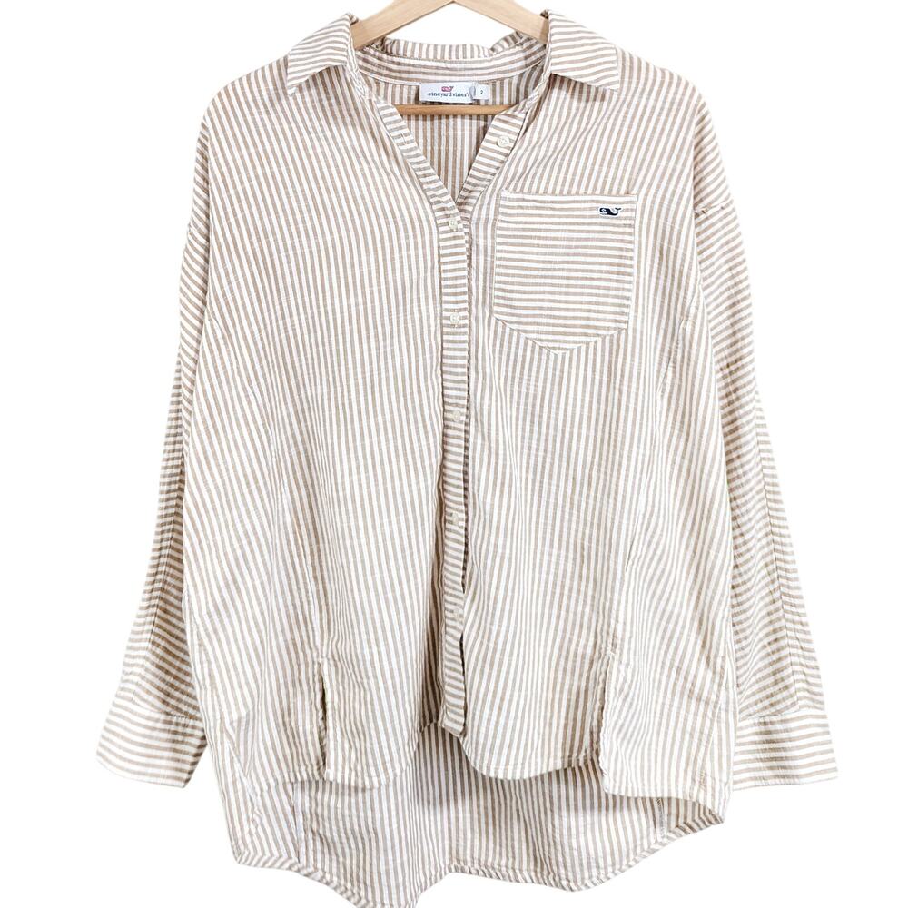 Vineyard Vines Beige Stripe Button Up Shirt Pocket Relaxed Cotton Womens 2
